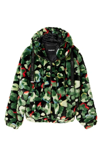 Shop Desigual Calis Oversize Camo Faux Fur Jacket In Green