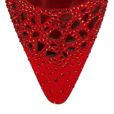 Shop Jimmy Choo Romy 110 Red Perforated Suede With Crystal Hotfix Detailing Pointy Toe Pumps In Red/red