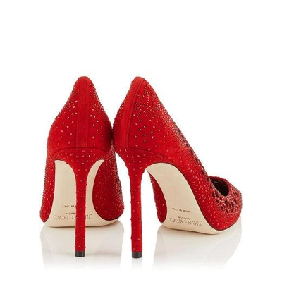 Shop Jimmy Choo Romy 110 Red Perforated Suede With Crystal Hotfix Detailing Pointy Toe Pumps In Red/red