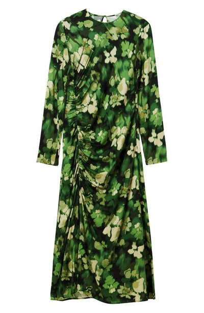 Shop Desigual Camoflower Print Ruched Long Sleeve Midi Dress In Green