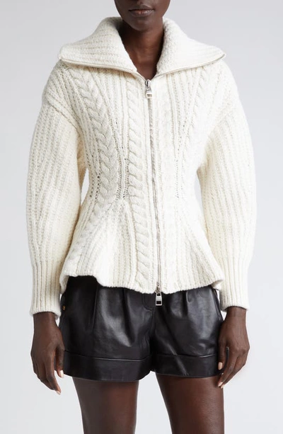 Shop Alexander Mcqueen Peplum Wool Blend Zip Cardigan In Ivory