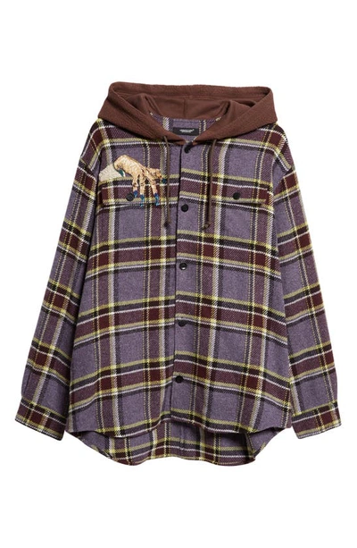 Shop Undercover Beaded Hooded Plaid Button-up Shirt In Purple Ck