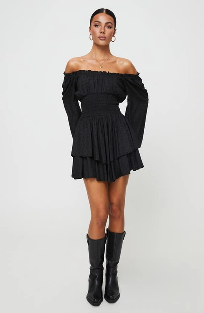 Shop Princess Polly Love Galore Clip Dot Off The Shoulder Long Sleeve Romper In Black