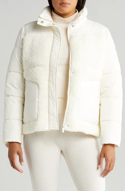 Shop Zella Hybrid Faux Shearling Puffer Jacket In Ivory Egret