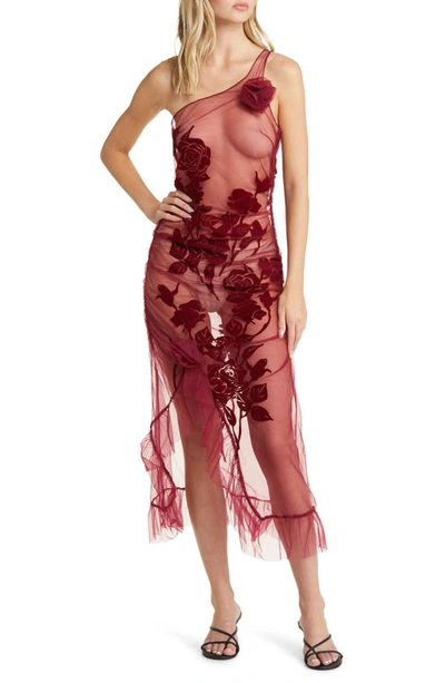 Shop House Of Sunny La Belle Flocked Sheer One-shoulder Midi Dress In Rouge