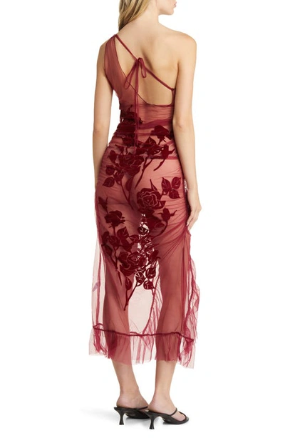 Shop House Of Sunny La Belle Flocked Sheer One-shoulder Midi Dress In Rouge