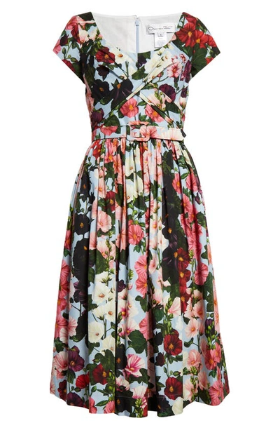Shop Oscar De La Renta Floral Belted Crossover Strap Stretch Cotton Dress In Pink/ Pale Blue