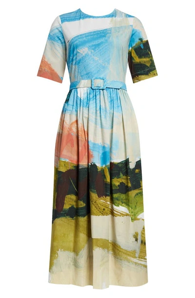 Shop Oscar De La Renta Landscape Print Belted Stretch Cotton Midi Dress In Powder Blue Mul
