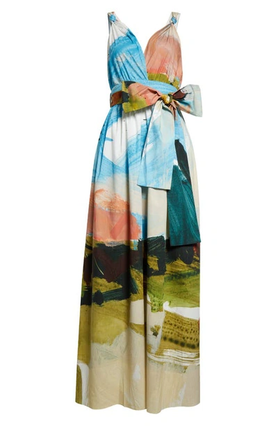 Shop Oscar De La Renta Landscape Print Bow Detail Stretch Cotton Dress In Powder Blue Mul