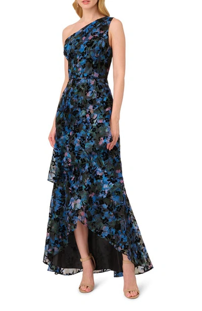 Shop Adrianna Papell Floral Flocked Velvet One-shoulder High-low Gown In Black Multi
