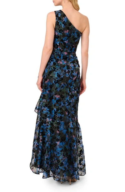 Shop Adrianna Papell Floral Flocked Velvet One-shoulder High-low Gown In Black Multi