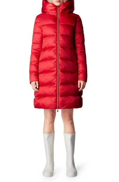 Shop Save The Duck Lysa Quilted Hooded Longline Coat In Tango Red