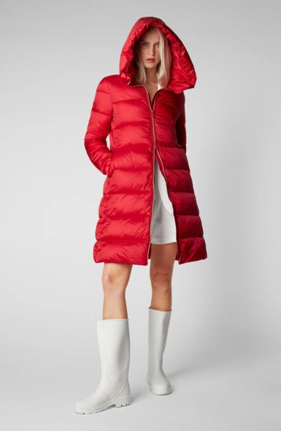 Shop Save The Duck Lysa Quilted Hooded Longline Coat In Tango Red
