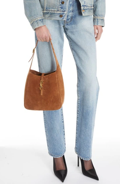 Saint Laurent Le 5 A 7 Small Suede Hobo Shoulder Bag In Brown Caramel