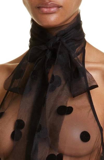 Shop Laquan Smith Polka Dot Sheer Tie Neck Mesh Bodysuit In Black