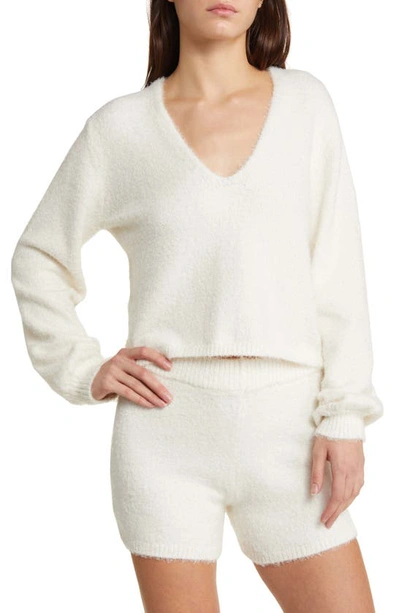 Shop Open Edit Bouclette Crop Top & Shorts Pajamas In Ivory Egret