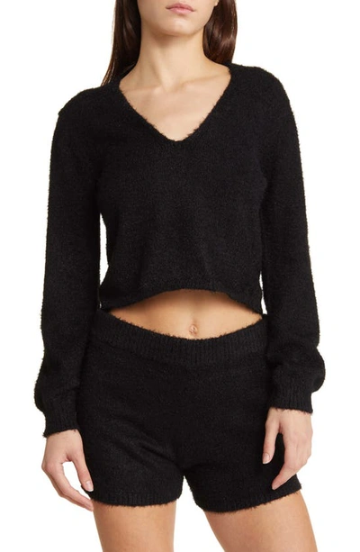 Shop Open Edit Bouclette Crop Top & Shorts Pajamas In Black