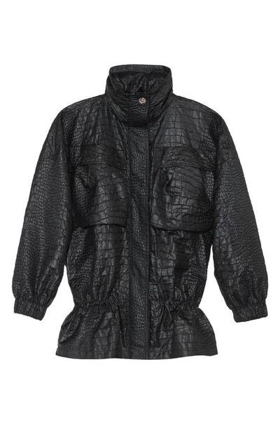 Shop Versace Croc Texture Faux Leather Cargo Jacket In Black