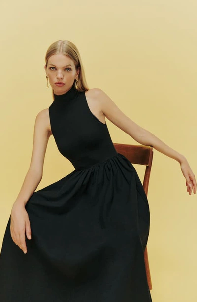 Shop Reformation Sai Mixed Media Mock Neck Organic Cotton Dress In Black