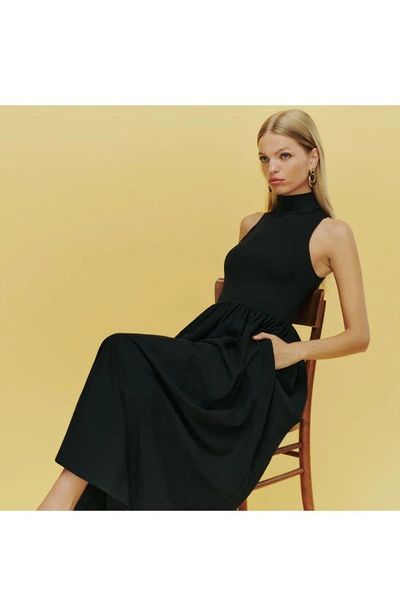 Shop Reformation Sai Mixed Media Mock Neck Organic Cotton Dress In Black