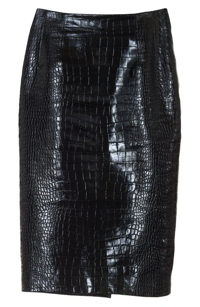 Shop Versace Croc Embossed Leather Pencil Skirt In Black