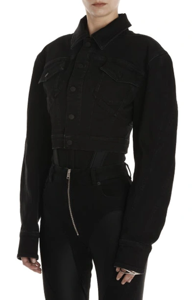 Shop Mugler Fitted Crop Denim Jacket In Black/ Black