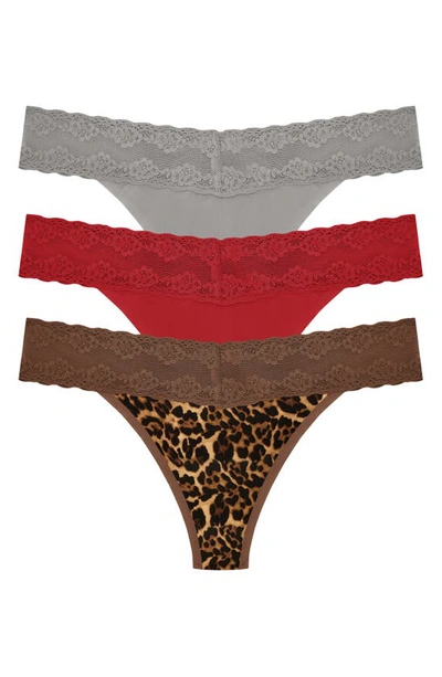 Shop Natori Bliss 3-pack Perfection Lace Trim Thongs In Grey/ Red/ Brown