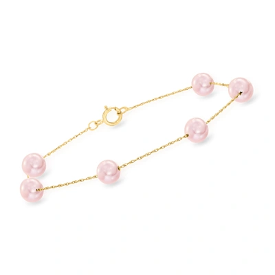 Ross-simons 6-6.5mm Pink Cultured Pearl Station Bracelet In 14kt Yellow Gold In Pink