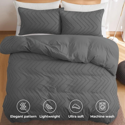 Shop Puredown High Quality 3 Piece Wave Clipped Duvet Cover Set With Zipper Closure Dark Grey