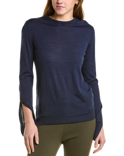 Shop St John Slit Sleeve Wool & Silk-blend Sweater In Blue