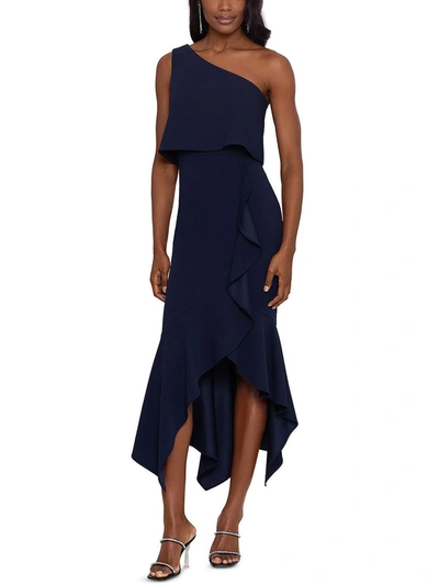 Shop Xscape Womens One Shoulder Pop Over Cocktail And Party Dress In Blue