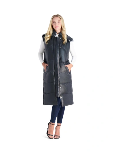 Avec Les Filles Water Resistant Faux Leather Longline Puffer Vest In Black