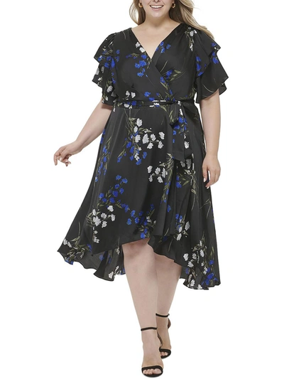 Shop Dkny Plus Womens Floral Midi Wrap Dress In Black