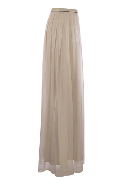 Shop Brunello Cucinelli Crispy Silk Pleated Midi Skirt With Shiny Waistband In Sand