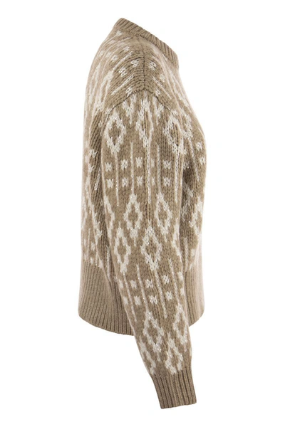 Shop Brunello Cucinelli Dazzling Vintage Jacquard Cashmere Sweater Feather In Beige