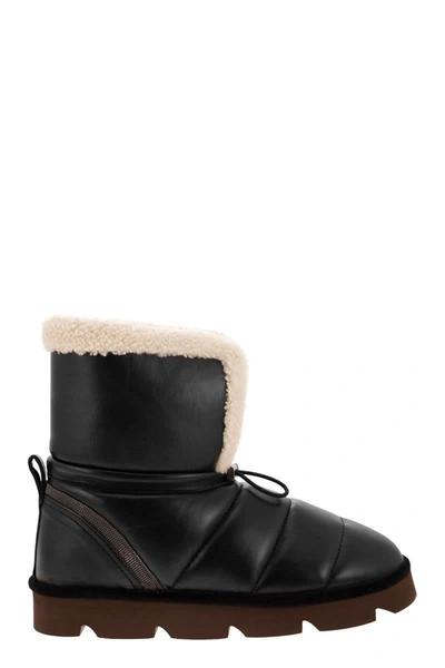 Shop Brunello Cucinelli Leather Boot With Shearling Lining And Shiny Details In Black