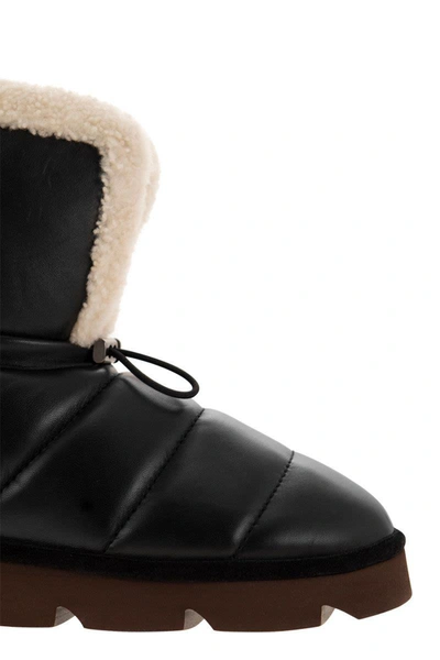 Shop Brunello Cucinelli Leather Boot With Shearling Lining And Shiny Details In Black