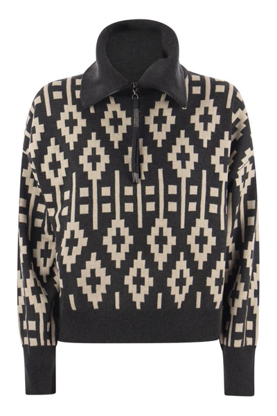 Shop Brunello Cucinelli Vintage Jacquard Sweater In Virgin Wool, Cashmere And Silk With Shiny Half Zip In Anthracite