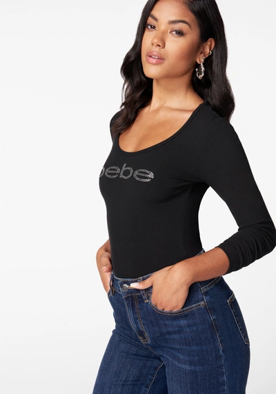 Bebe Long Sleeve Scoop Neck  Logo Rib Top In Black