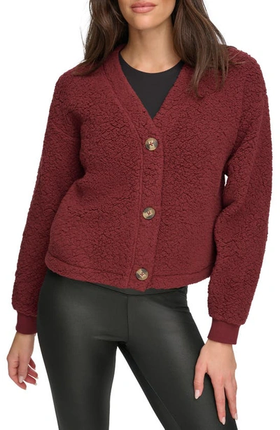 Shop Andrew Marc Sport Faux Shearling Button Front Cardigan In Rust