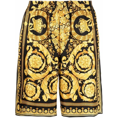 Versace Barocco Print Silk Shorts In Black/yellow