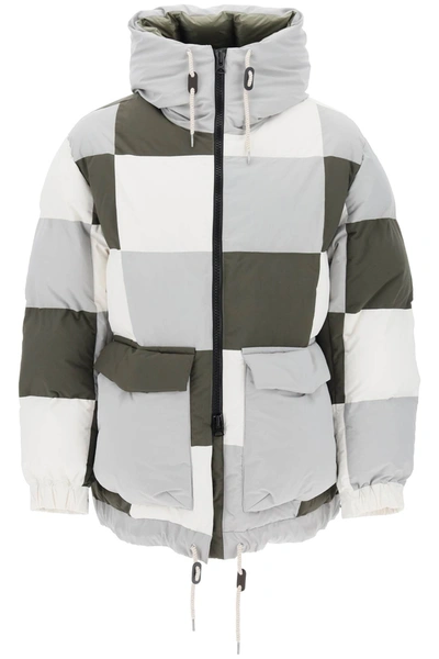 Shop Sacai Hooded Puffer Jacket With Checkerboard Pattern In White, Grey, Green