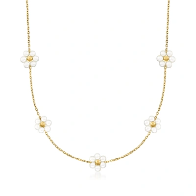 Rs Pure Ross-simons 3-3.5mm Cultured Pearl Flower Station Necklace In 14kt Yellow Gold In Multi