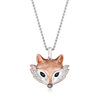 Ross-simons Two-tone Sterling Silver Fox Pendant Necklace With Diamond And Sapphire Accents In Multi