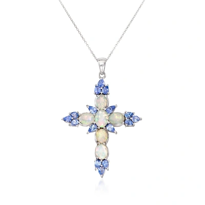 Ross-simons Ethiopian Opal And Tanzanite Cross Pendant Necklace In Sterling Silver In Multi