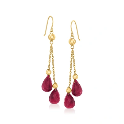 Ross-simons Ruby And Bead Double Drop Earrings In 14kt Yellow Gold In Red