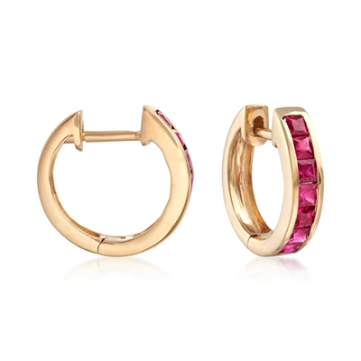 Ross-simons Square-cut Ruby Huggie Hoop Earrings In 14kt Yellow Gold In Red