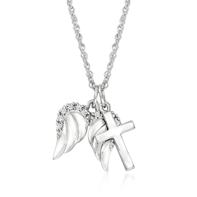Ross-simons 14kt White Gold Cross And Angel Wings Pendant Necklace With Diamond Accents In Multi