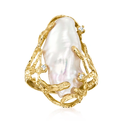 Ross-simons 10x24mm Cultured Baroque Pearl Ring With Diamond Accents In 14kt Yellow Gold In White