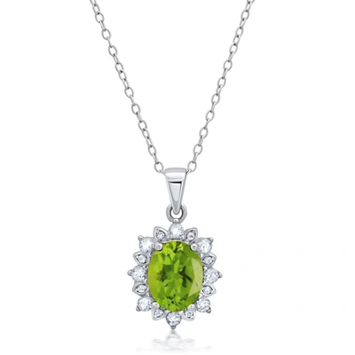 Max + Stone Sterling Silver Gemstone Oval Pendant Necklace With White Topaz Sunburst Halo 9mm X 7mm With 18 Inch In Green